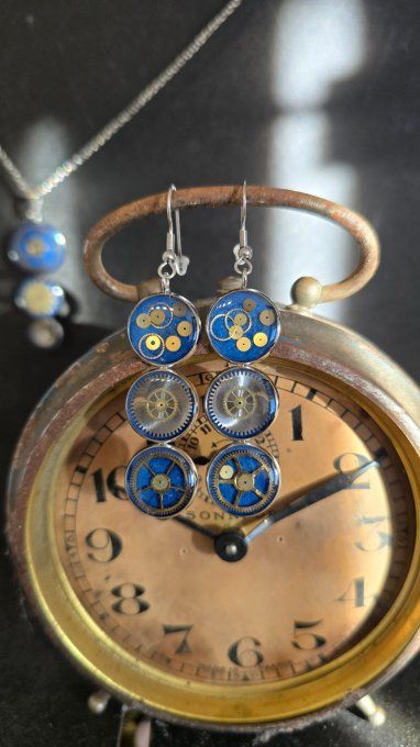 Parure  collier & boucles d'oreilles couleur bleu mécanique 