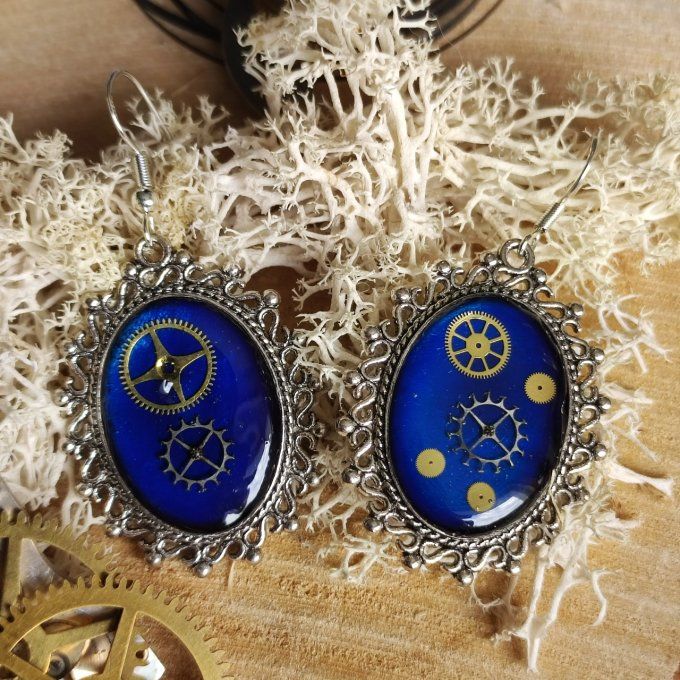 Boucles d'oreilles bleues steampunk
