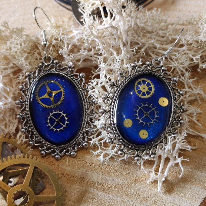 Boucles d'oreilles bleues steampunk