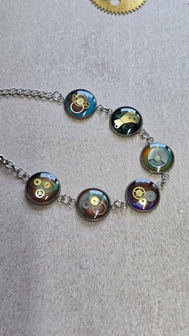 Bracelet steampunk multicolore “Roue Libre” – mécanismes de montres recyclées – création artisanale