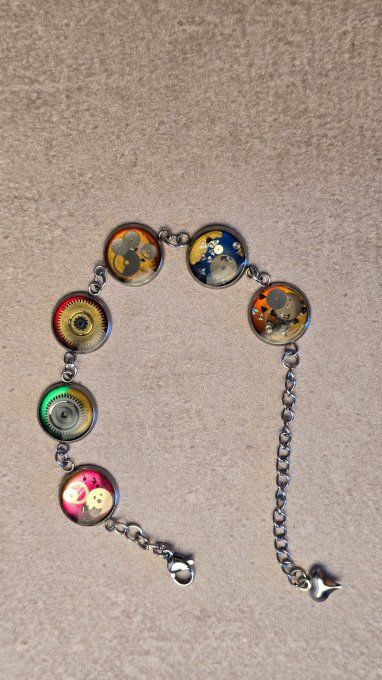 Bracelet steampunk multicolore “Roue Libre” – mécanismes de montres recyclées – création artisanale