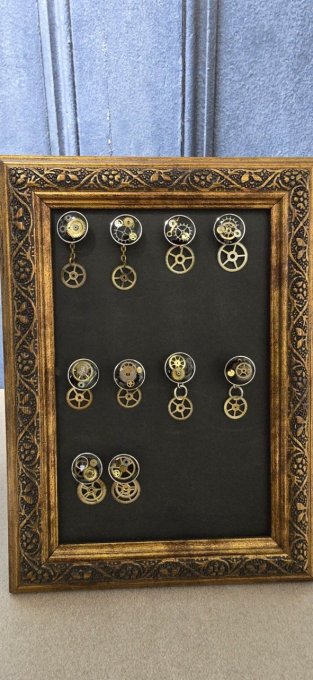 Puces - Clous d’oreilles Gousset Noir & Roue du Temps  steampunk