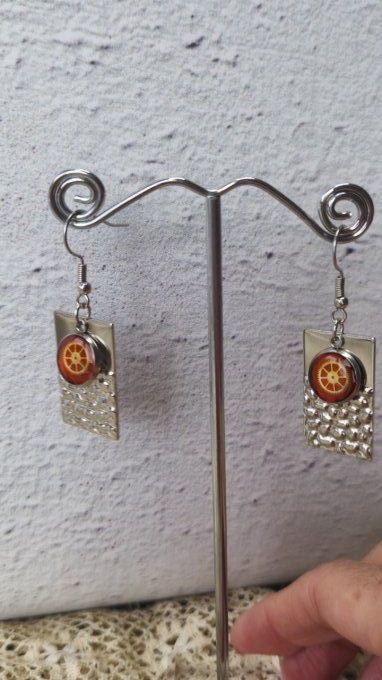 Boucles d'oreilles forme rectangle, cabochons  orange