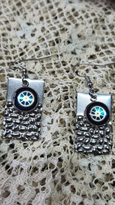 Boucles d'oreilles forme rectangle, cabochons  bleu