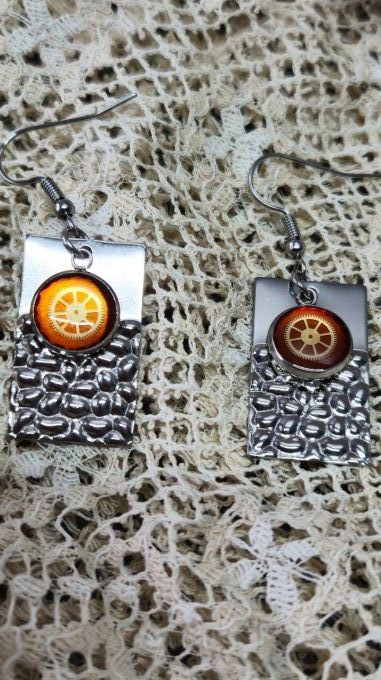 Boucles d'oreilles forme rectangle, cabochons  orange