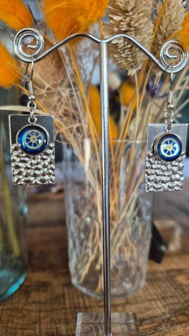 Boucles d'oreilles forme rectangle, cabochons  bleu