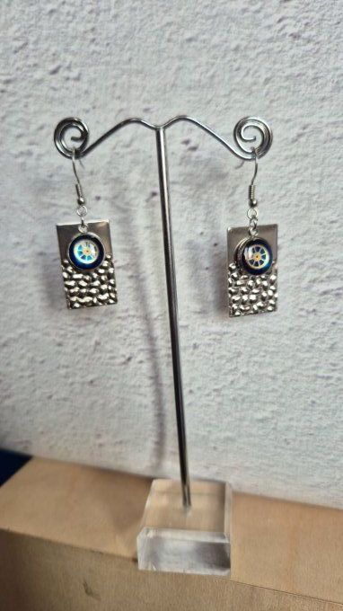 Boucles d'oreilles forme rectangle, cabochons  bleu