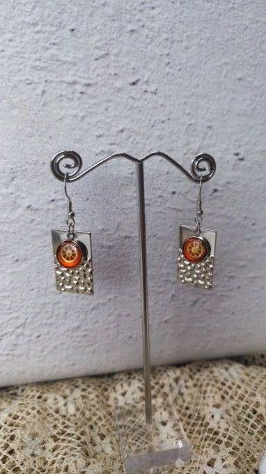 Boucles d'oreilles forme rectangle, cabochons  orange